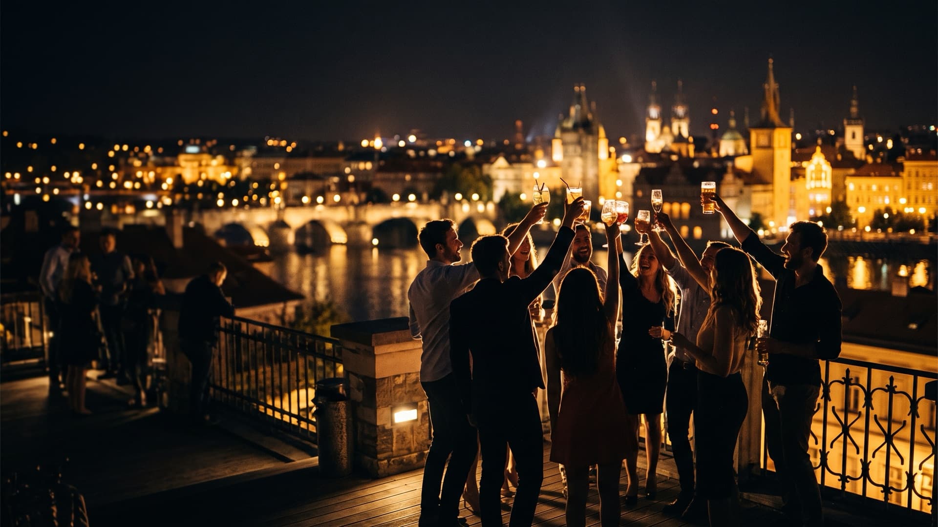 A group raising a toast on a terrace at night, overlooking Charles Bridge and the lit-up Old Town