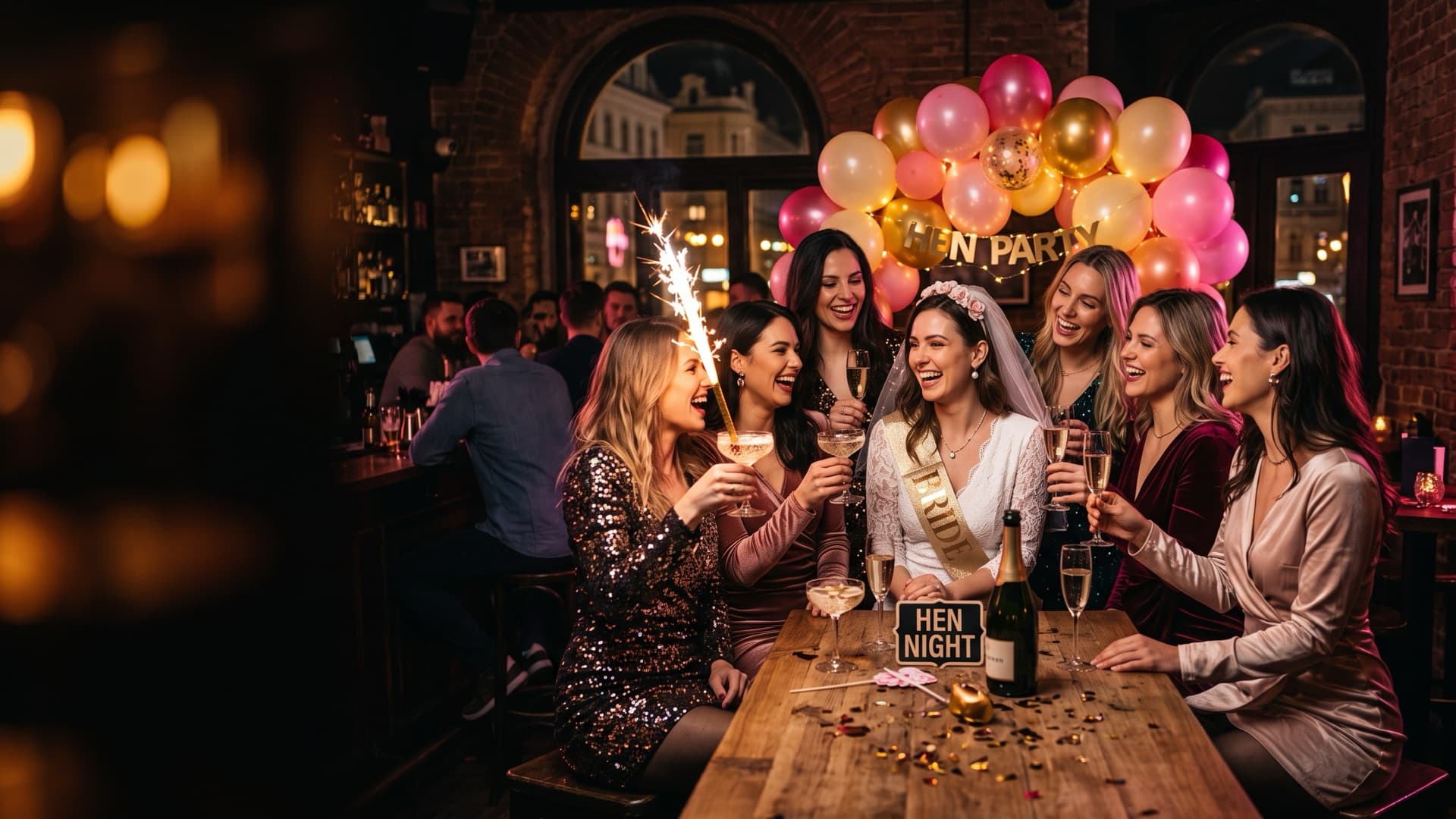 The bride in a veil and her friends raising glasses of prosecco in a bar decorated with balloons