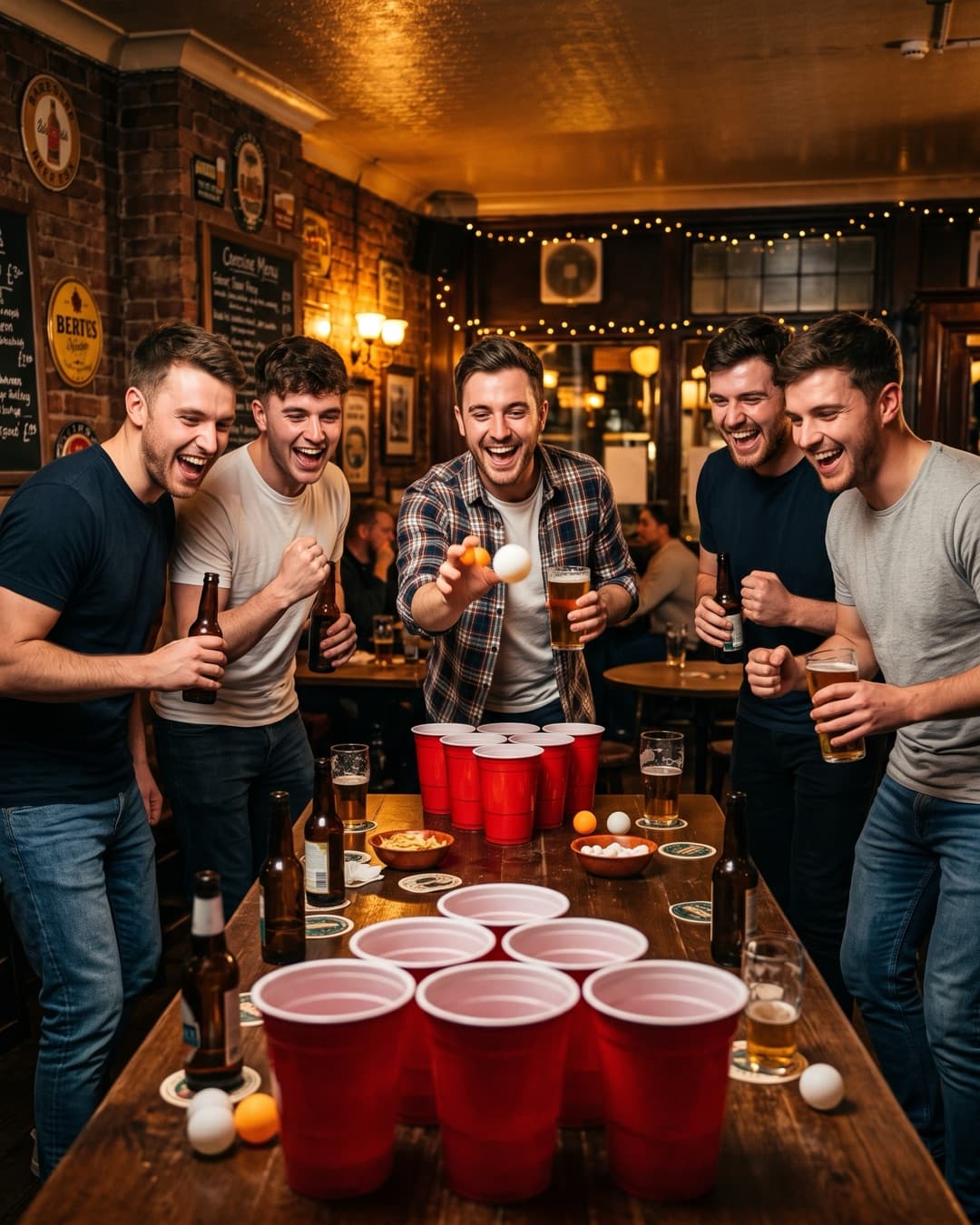Un gruppo che gioca a beer pong gigante con la birra in mano