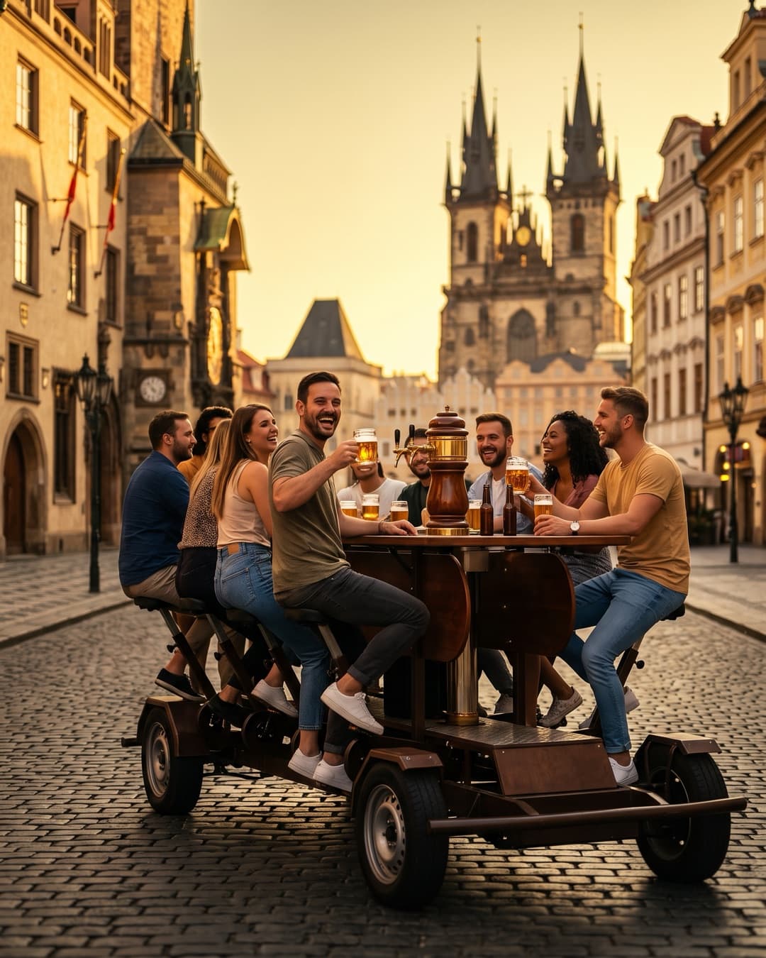 Gruppe tritt auf einem Bierbike mit Zapfhahn durch eine Straße im Prager Zentrum