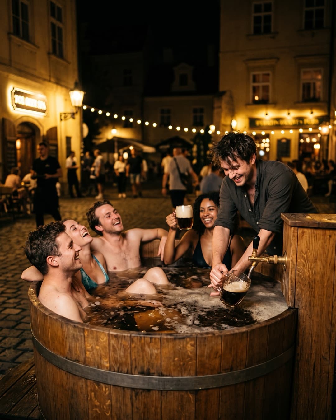 Holzbottiche in einem Bierspa
