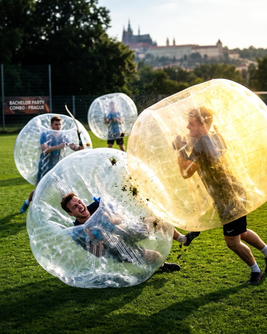 Players in inflatable bubbles colliding during a bubble football match