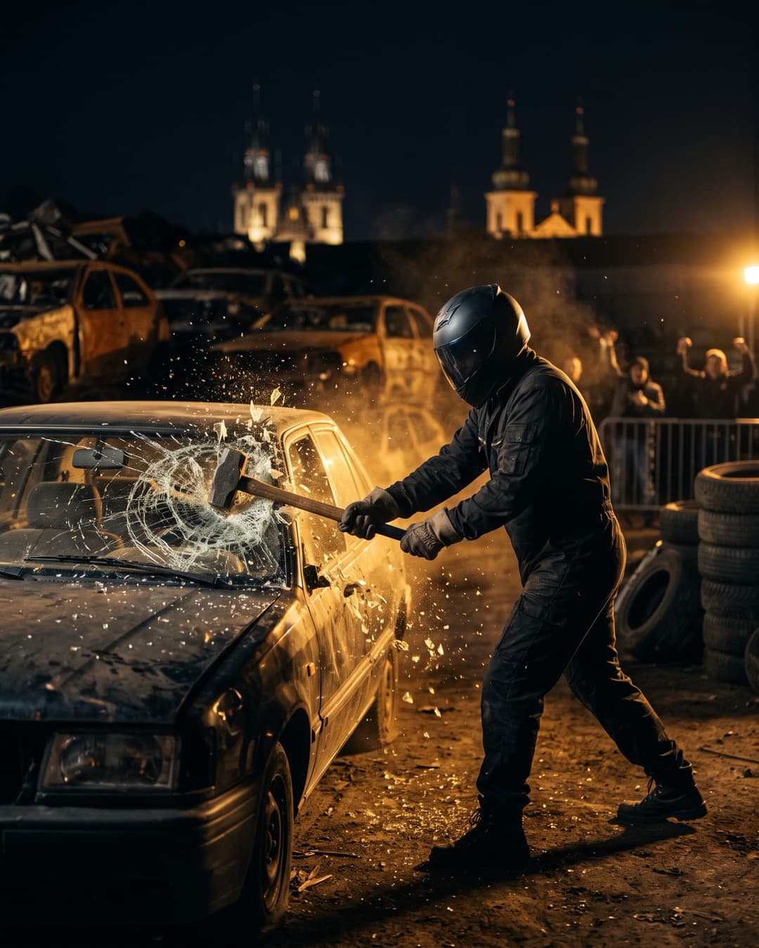 Teilnehmer mit Helm zertrümmert mit einem Vorschlaghammer die Scheibe eines Schrottautos