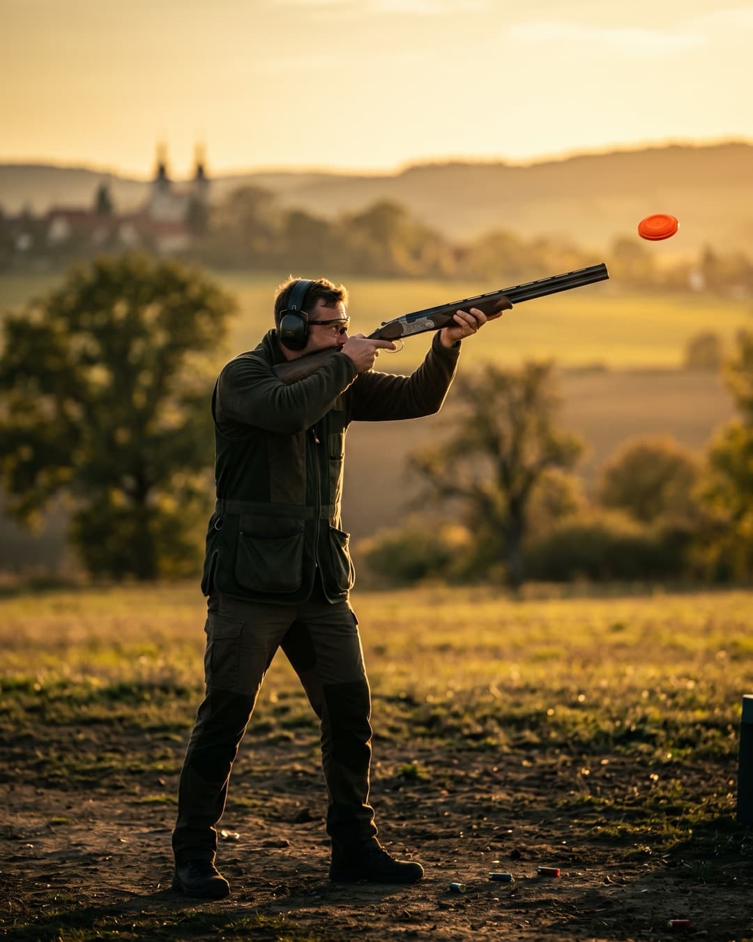 Shooter with a shotgun aiming at a flying clay target on an outdoor range