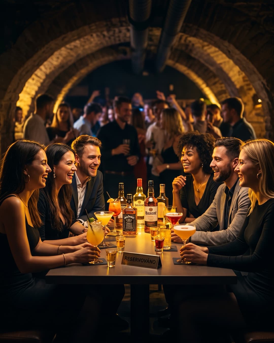Freunde am reservierten Tisch im Club Nebe mit einer Reihe Cocktails und Flaschen