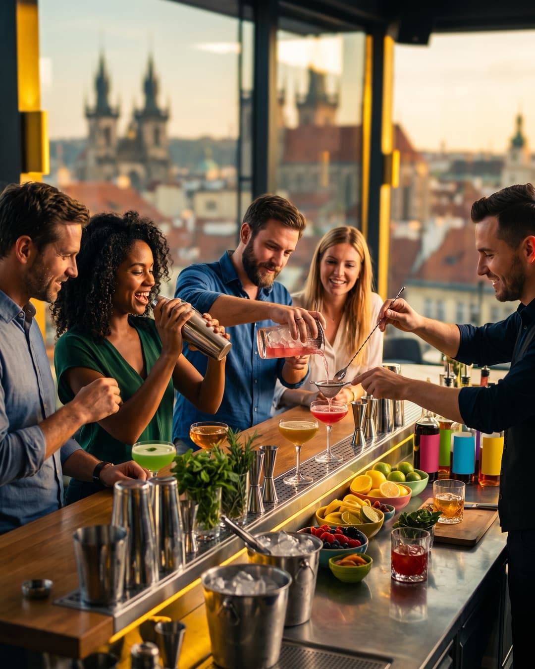 Eine Gruppe mixt Cocktails an der Bar