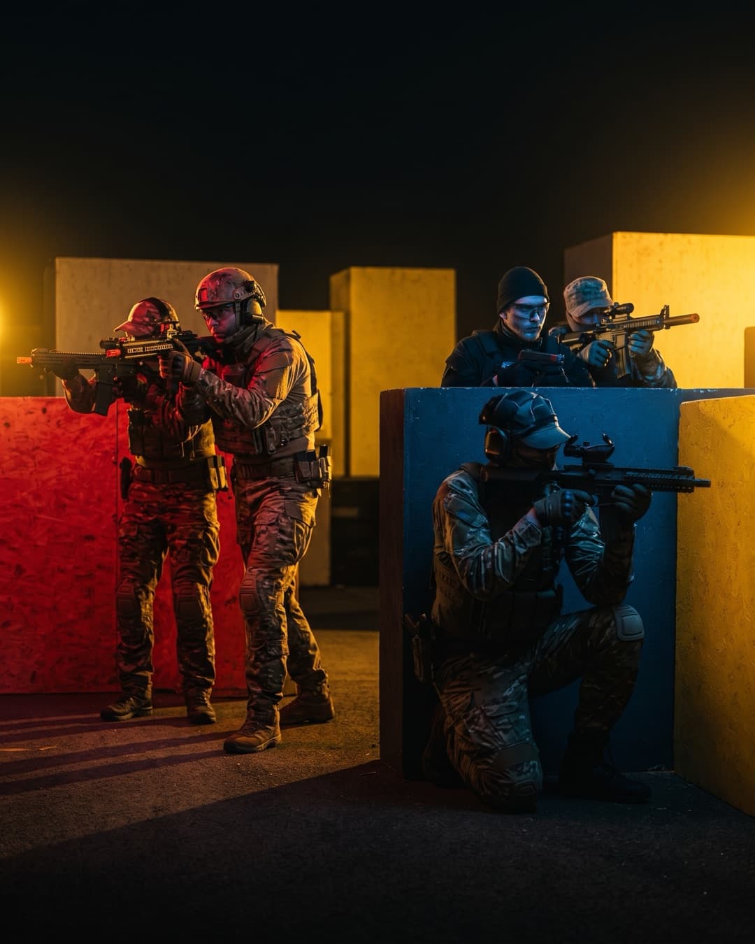 Two teams with airsoft replicas taking cover behind obstacles during a mission