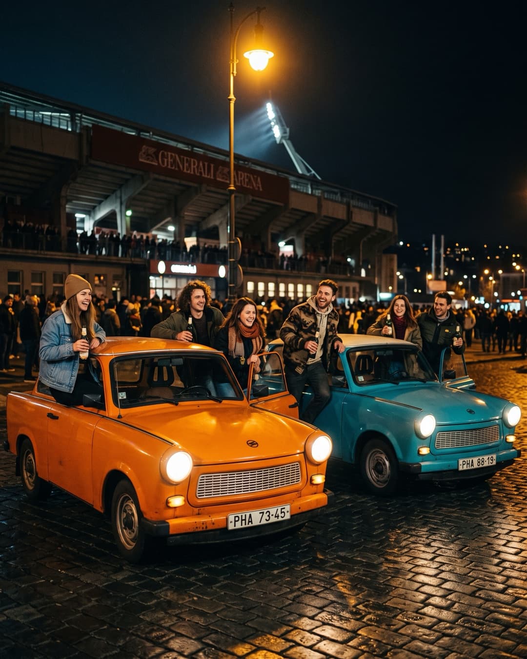 Gruppe steigt am Strahov-Stadion aus bunten Trabant 601