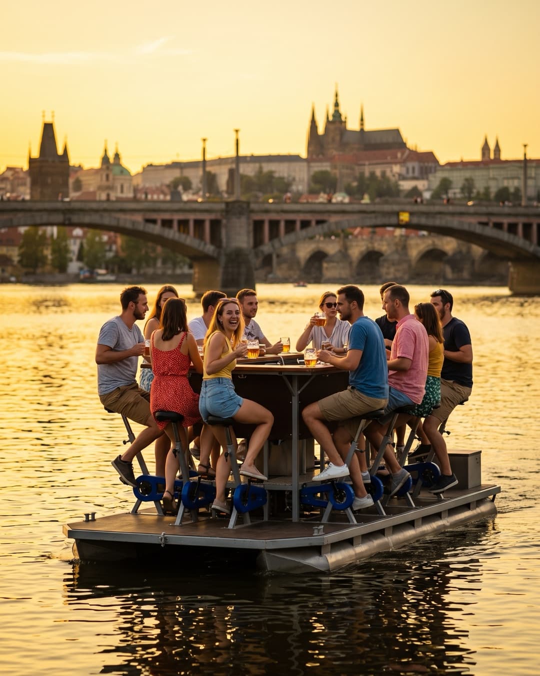 A group pedalling a beer boat along the Vltava with beers in hand
