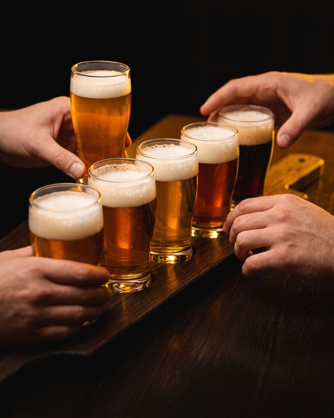 Eine Reihe Probiergläser mit Bier