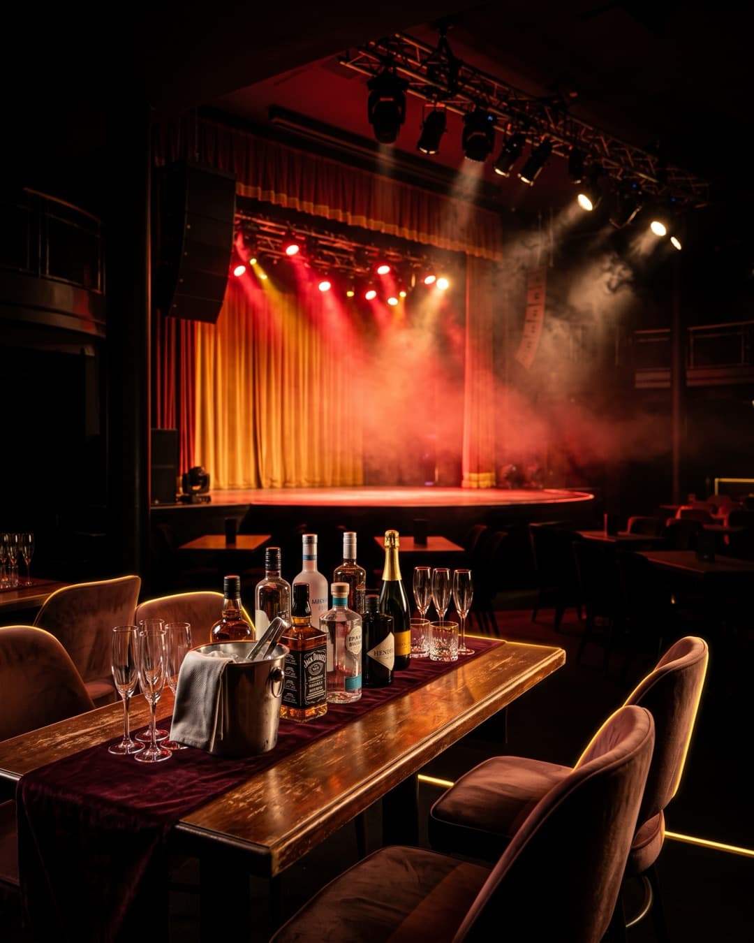 Reservierter Tisch mit Flaschen vor der Bühne des Darling Cabaret im Showlicht