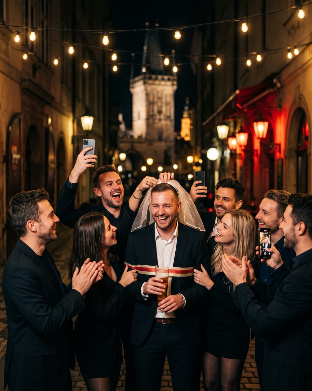 Small-statured performer handcuffed to the groom among his friends on a Prague street