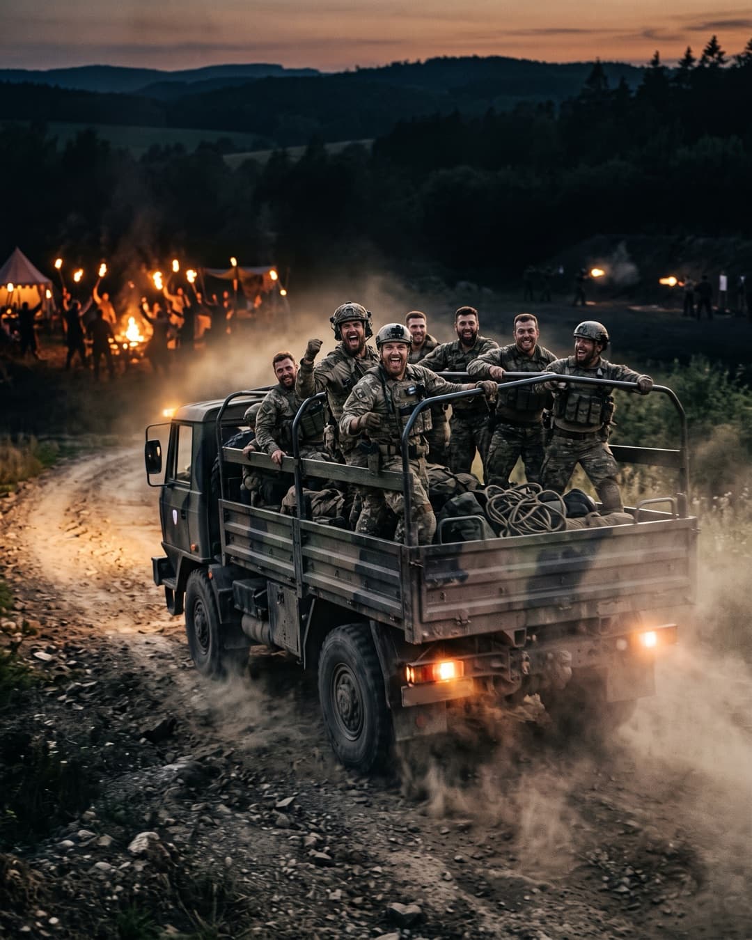 A stag group riding on the back of a Tatra army truck before the shooting session