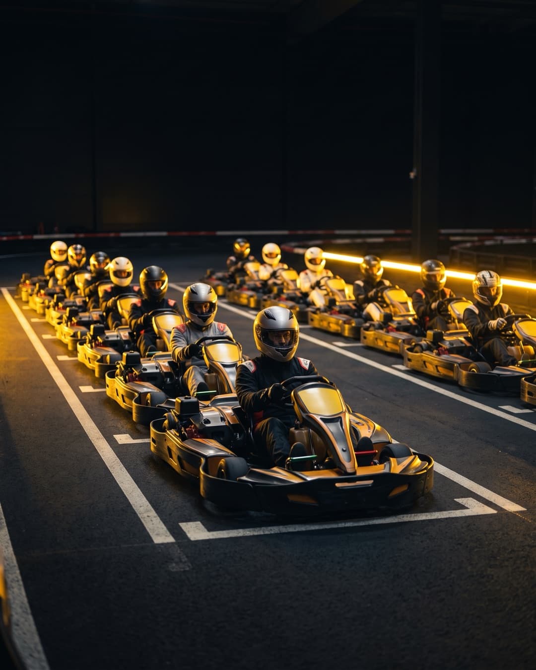 Quattordici kart schierati sulla griglia di una pista indoor prima di una gara privata