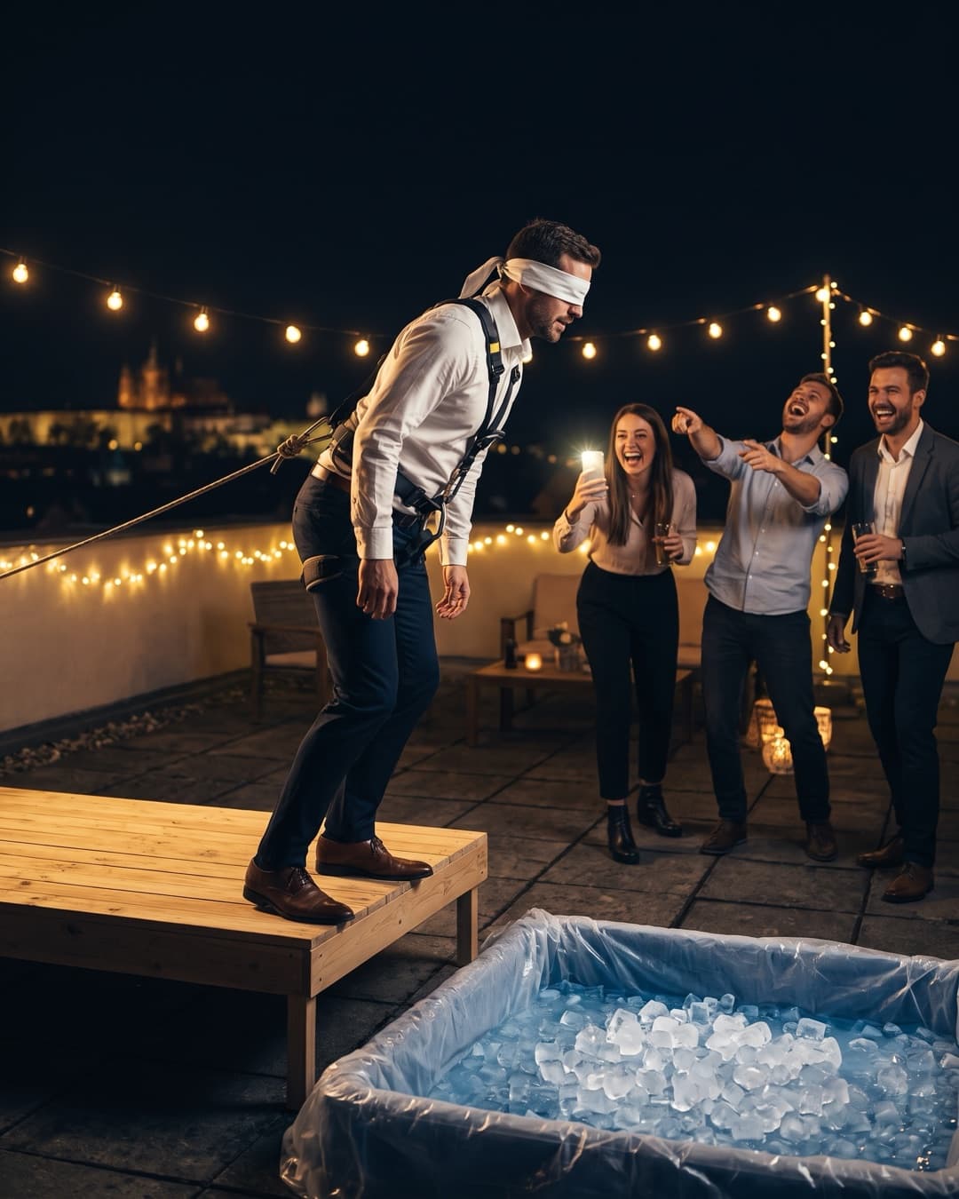 Bräutigam mit Augenbinde fällt in ein kleines Becken mit eiskaltem Wasser