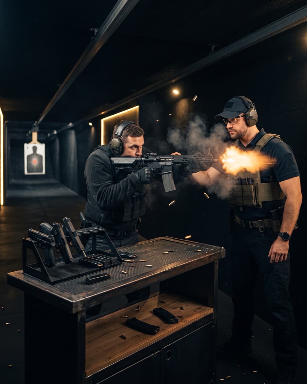 Shooter with an assault rifle in a lane of an indoor range, instructor standing behind