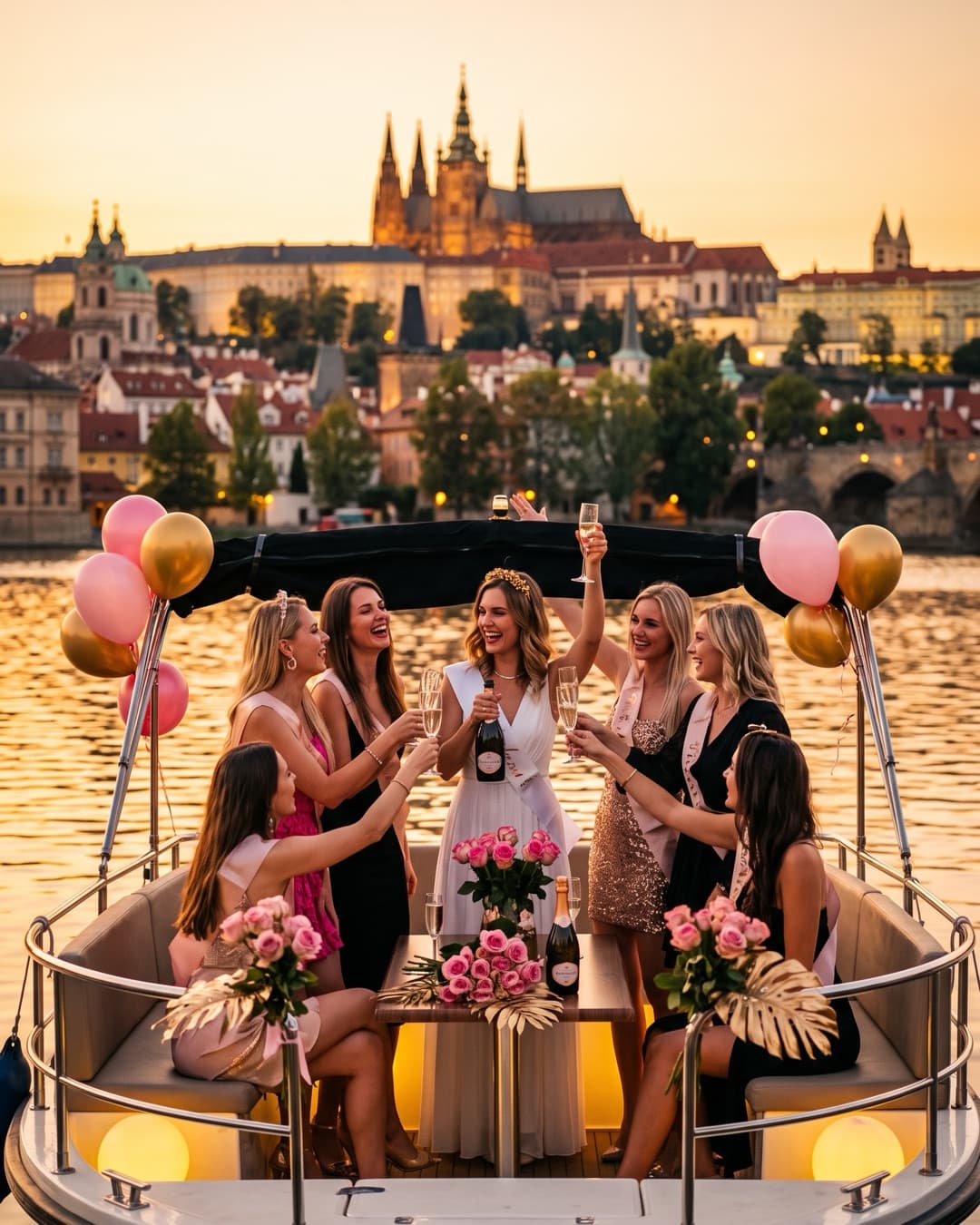 A hen group with prosecco on a boat in Prague