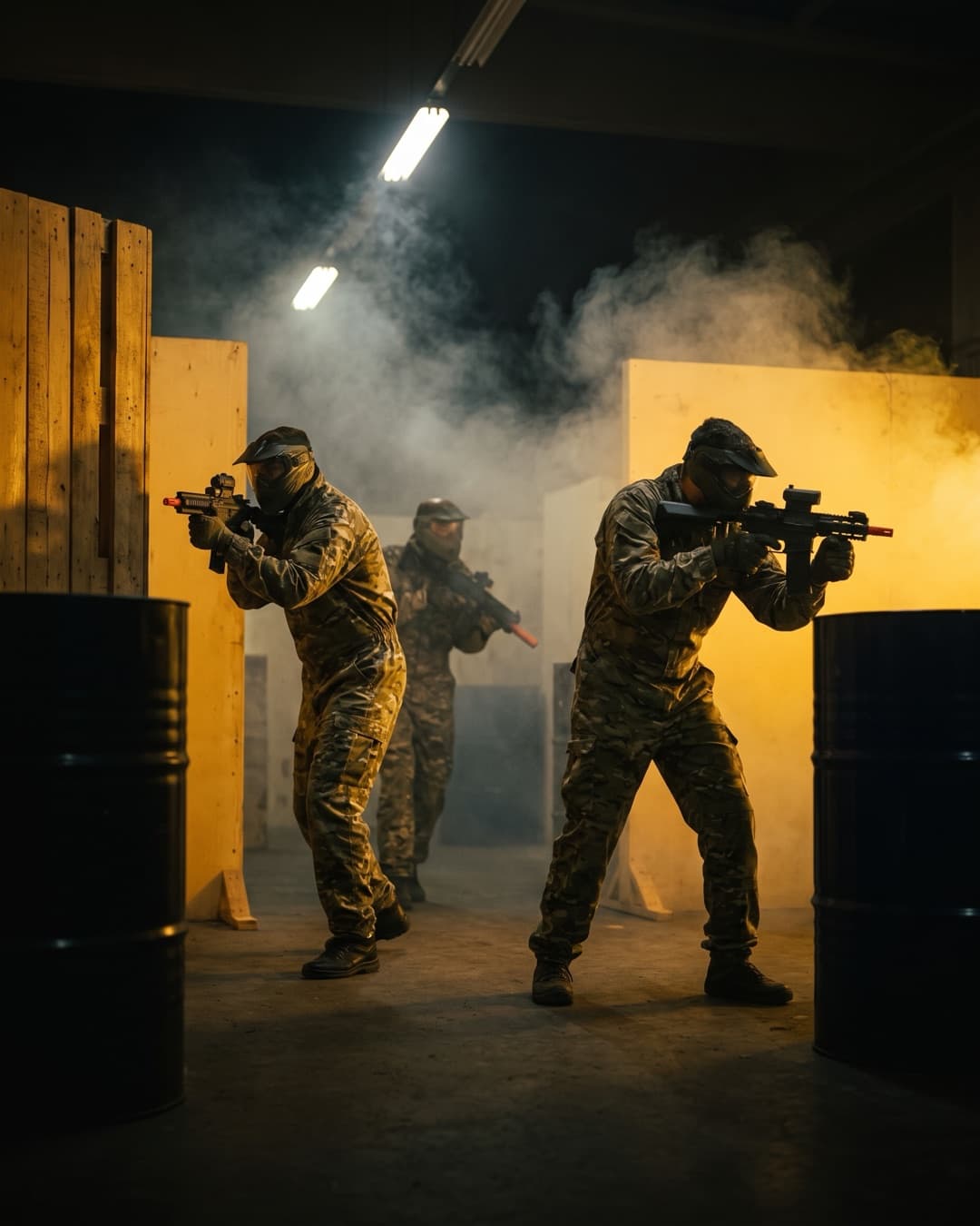 Spieler in Overalls mit Airsoft-Waffen zwischen Hindernissen in einer Indoor-Arena