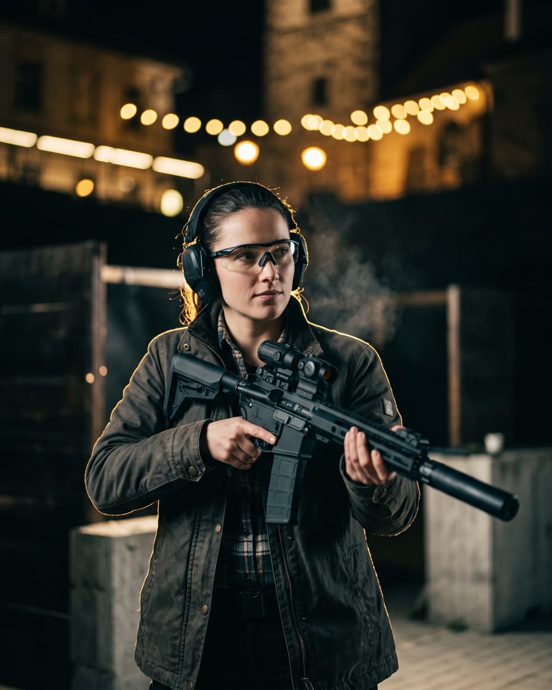 Group on an indoor range, one person firing an assault rifle beside the instructor