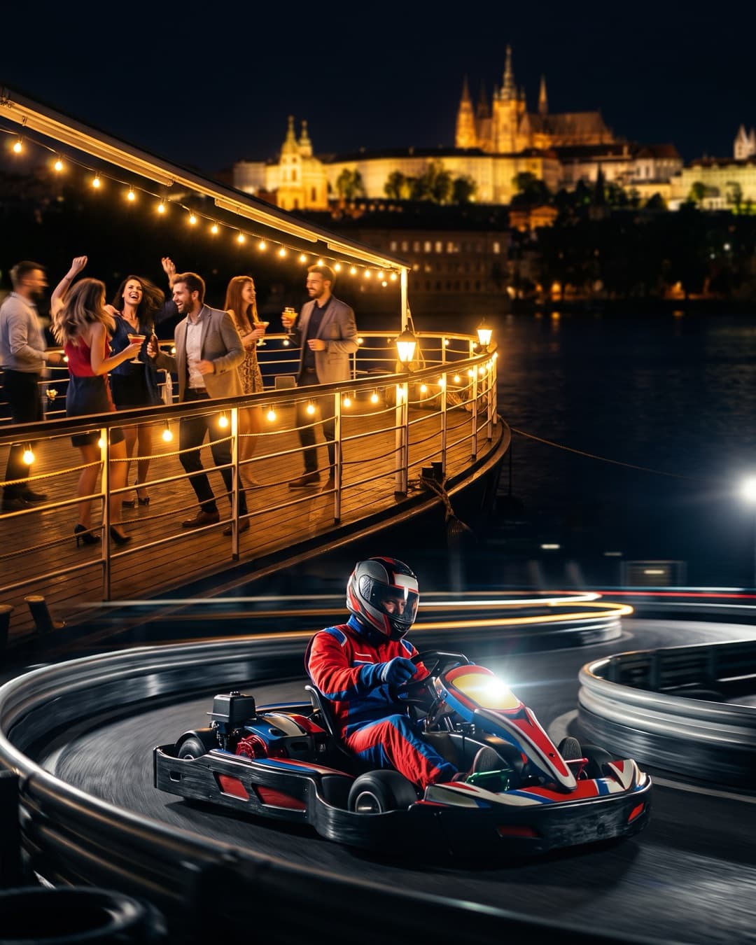 Group in helmets on the go-kart track, later on deck of a private boat on the Vltava