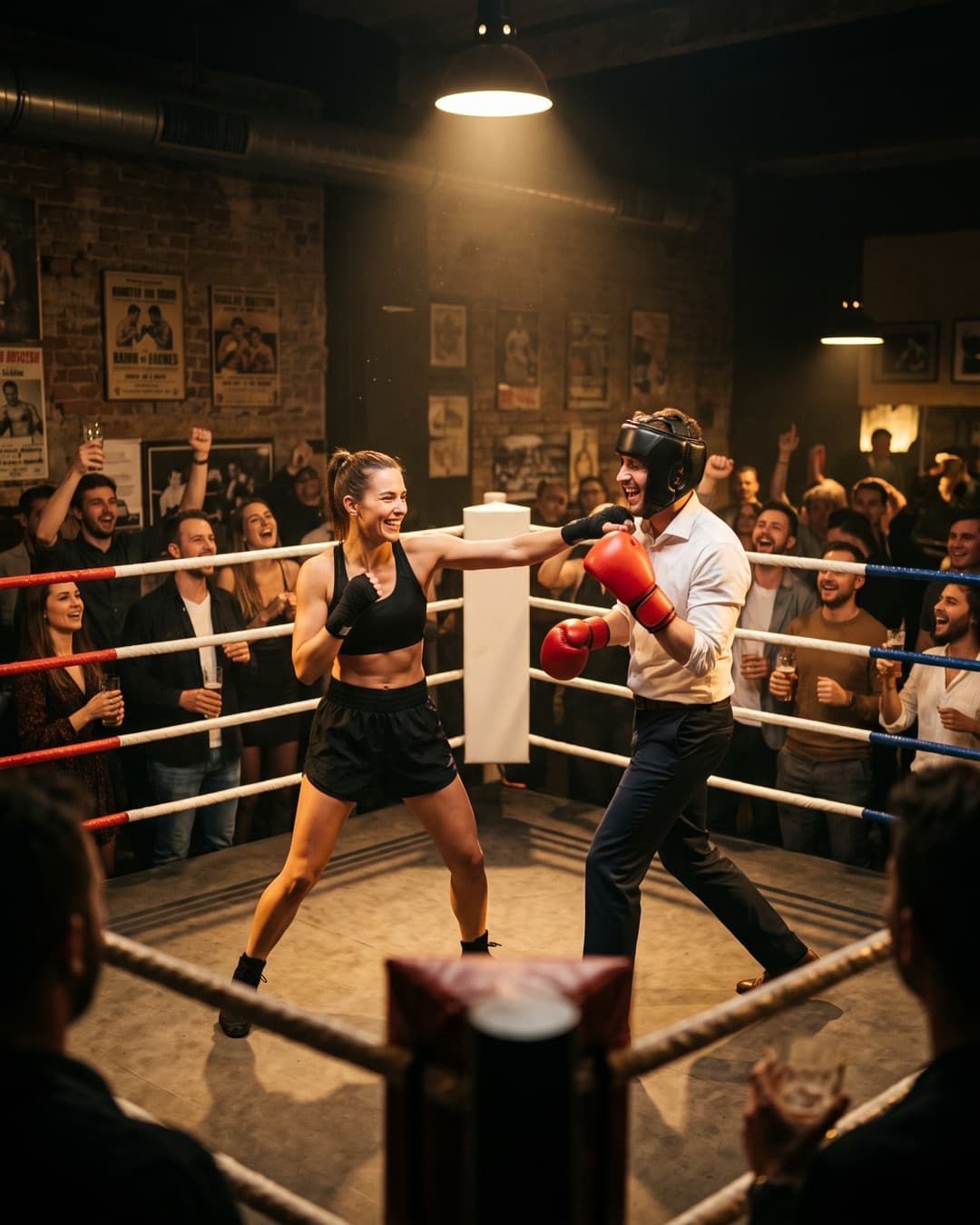 The groom in gloves and headgear facing a professional female boxer in the ring