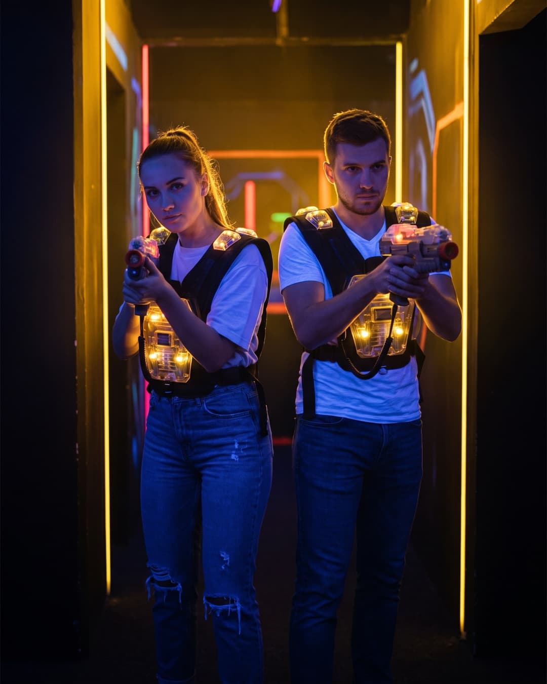 Players with laser guns and glowing vests in an arena of neon corridors