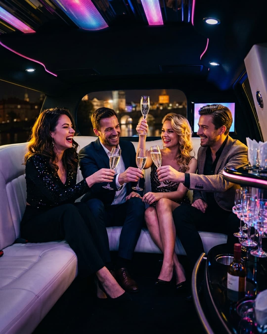 Group toasting with bubbly on the back seats of the Lincoln limo under coloured lights