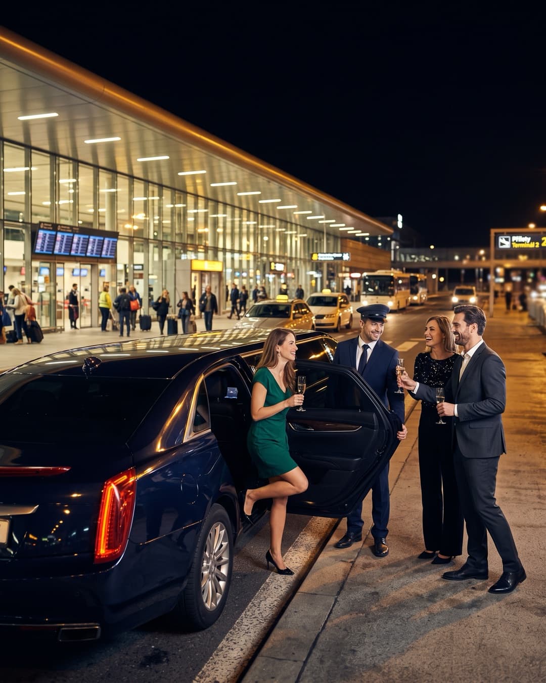 Blaue Cadillac-Stretchlimousine vor dem Terminal, eine Gruppe steigt mit Sekt ein