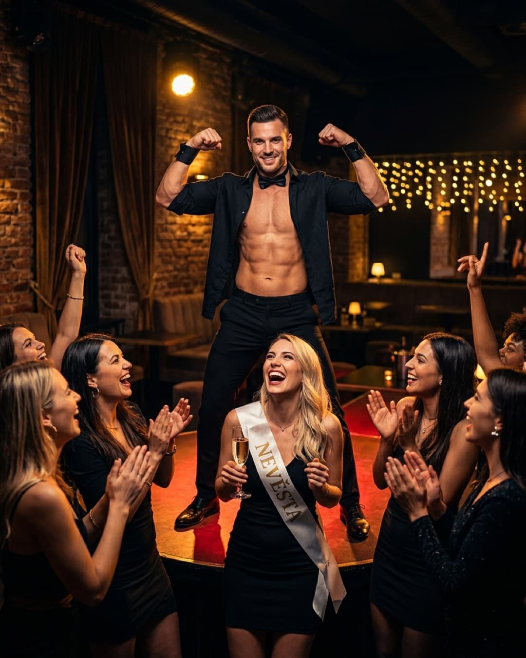 A male stripper performing for the bride and her friends in a rented flat