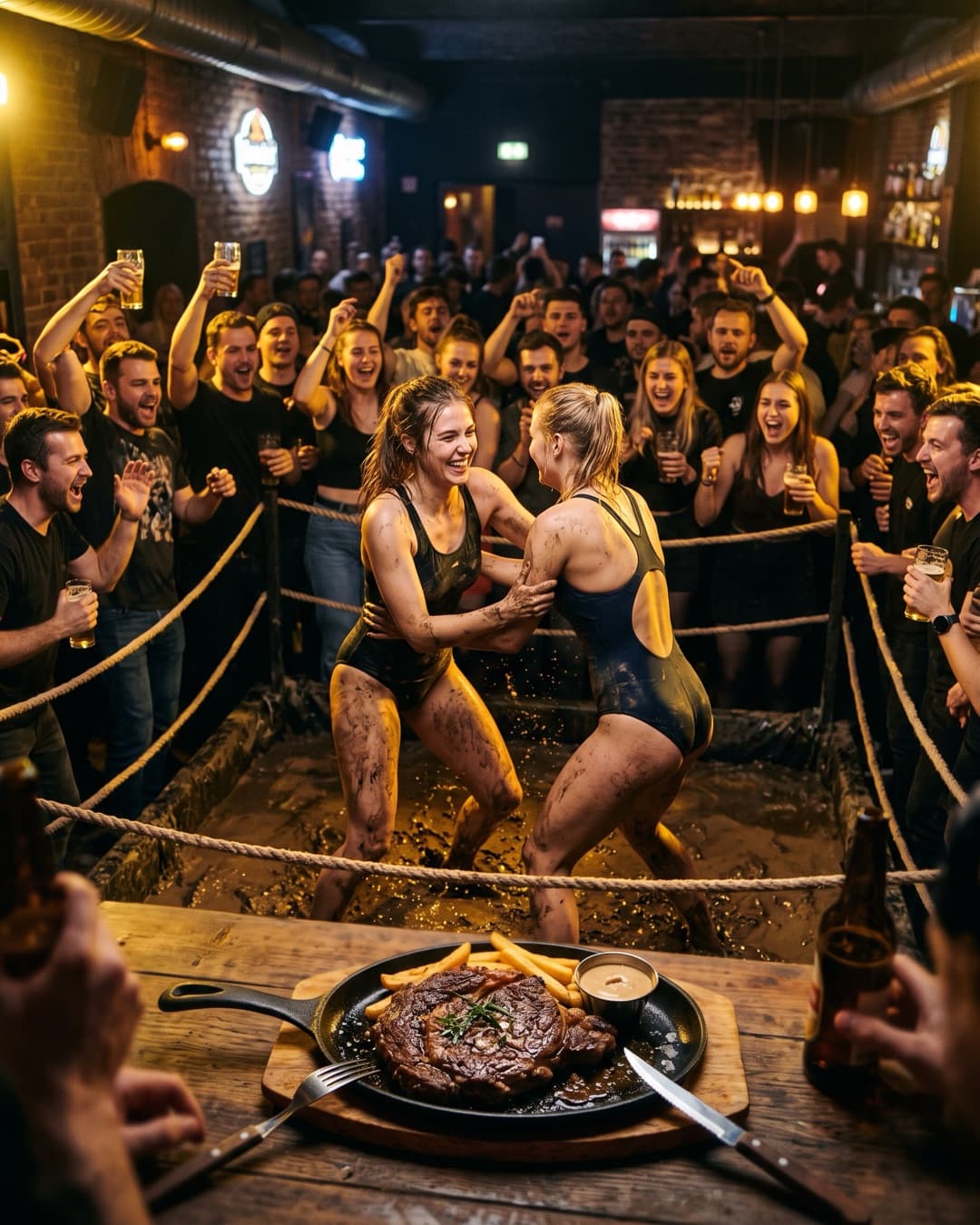 A stag group cheering at the mud wrestling ring at Chapeau Rouge