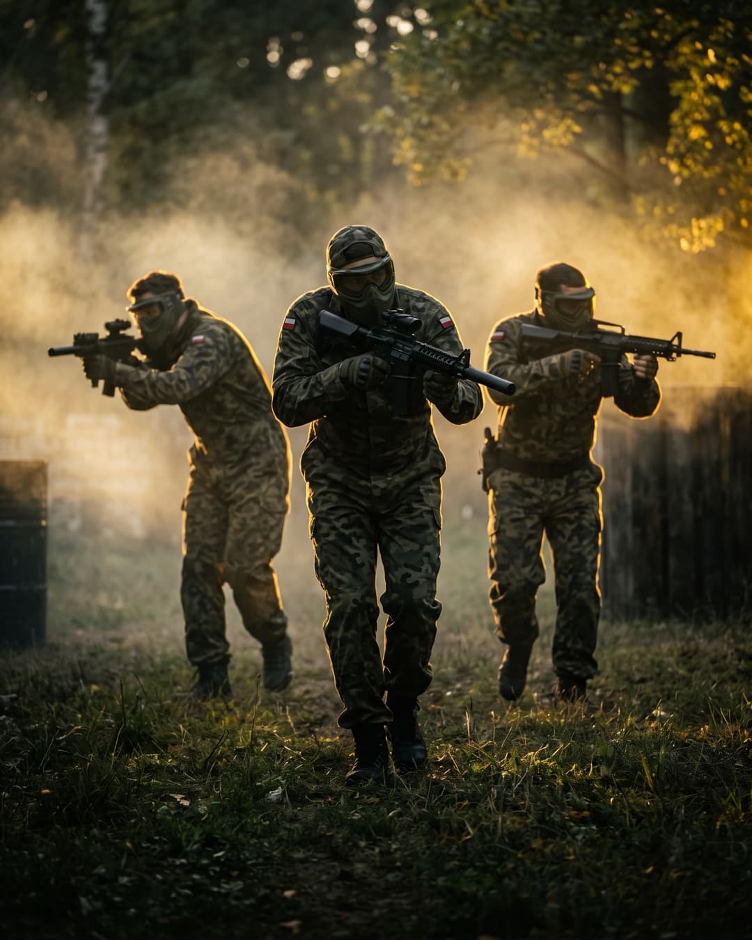 Spieler in Overalls mit Airsoft-Waffen bewegen sich durch ein bewaldetes Spielfeld