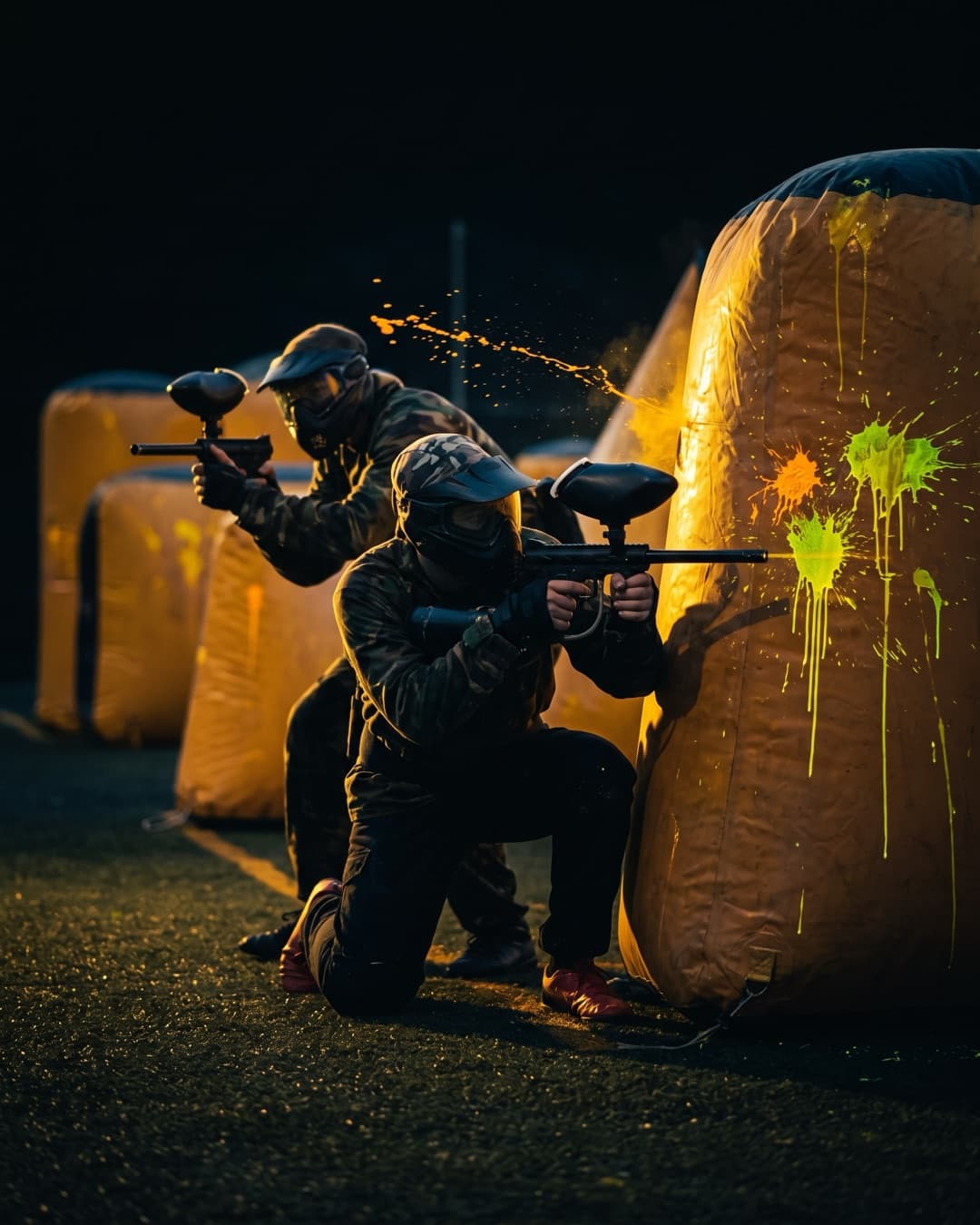 Gracze w maskach z markerami paintballowymi kryją się za dmuchanymi przeszkodami na zewnątrz