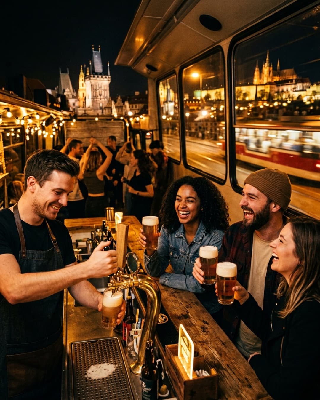 Friends holding beers inside the moving beer bus while the bartender pours