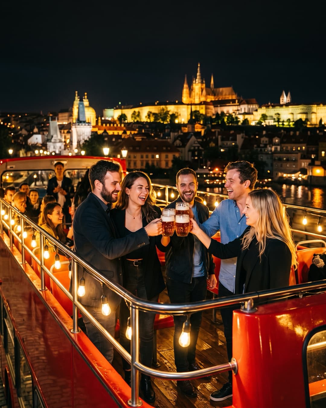 Open upper deck of the double decker beer bus, a group toasting above Prague rooftops