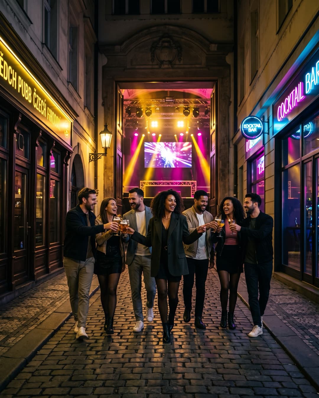 JGA-Gruppe beim Pub Crawl mit Host durch Bars im Zentrum von Prag