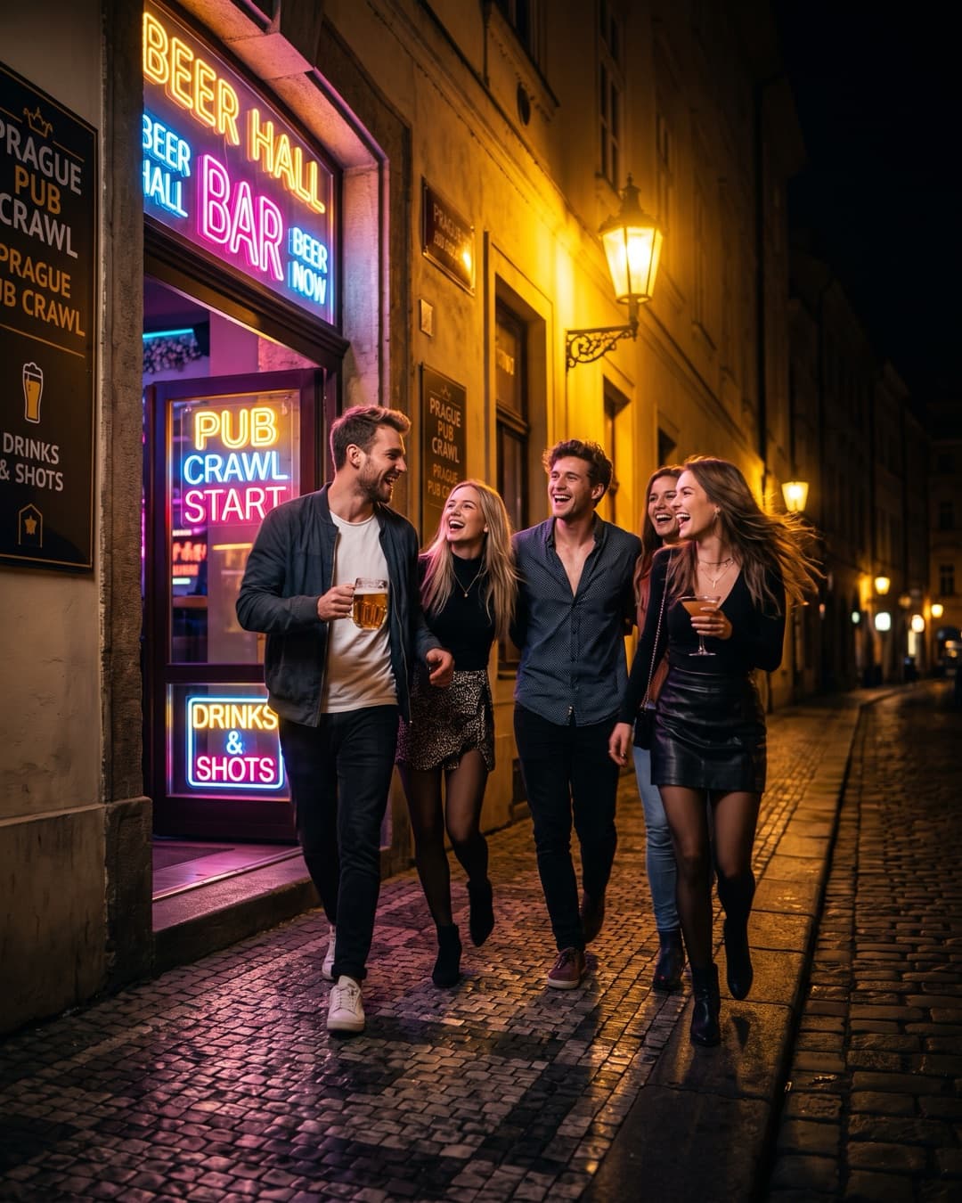 Gente con i drink in mano che esce da un bar verso la tappa successiva del pub crawl