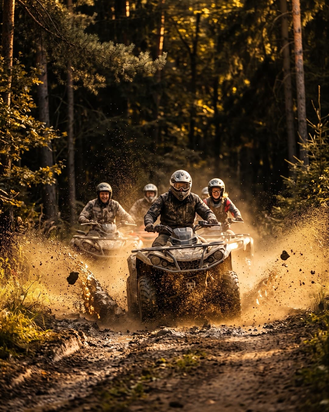 Group on quad bikes riding a muddy forest track outside Prague
