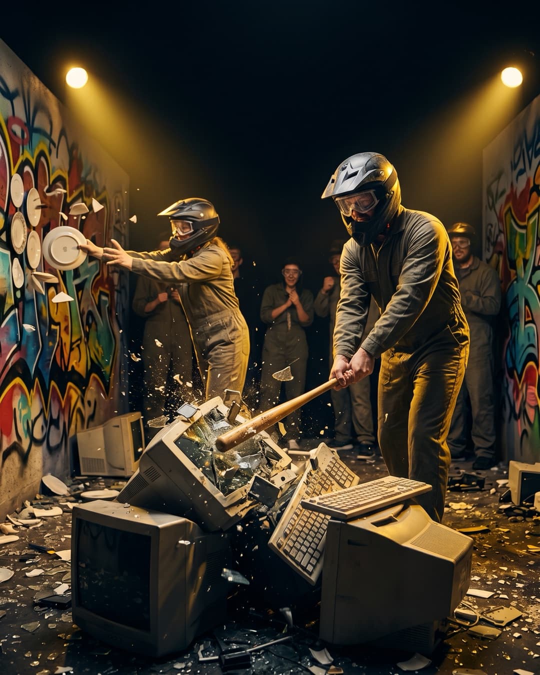 Group in overalls smashing electronics with bats in a rage room
