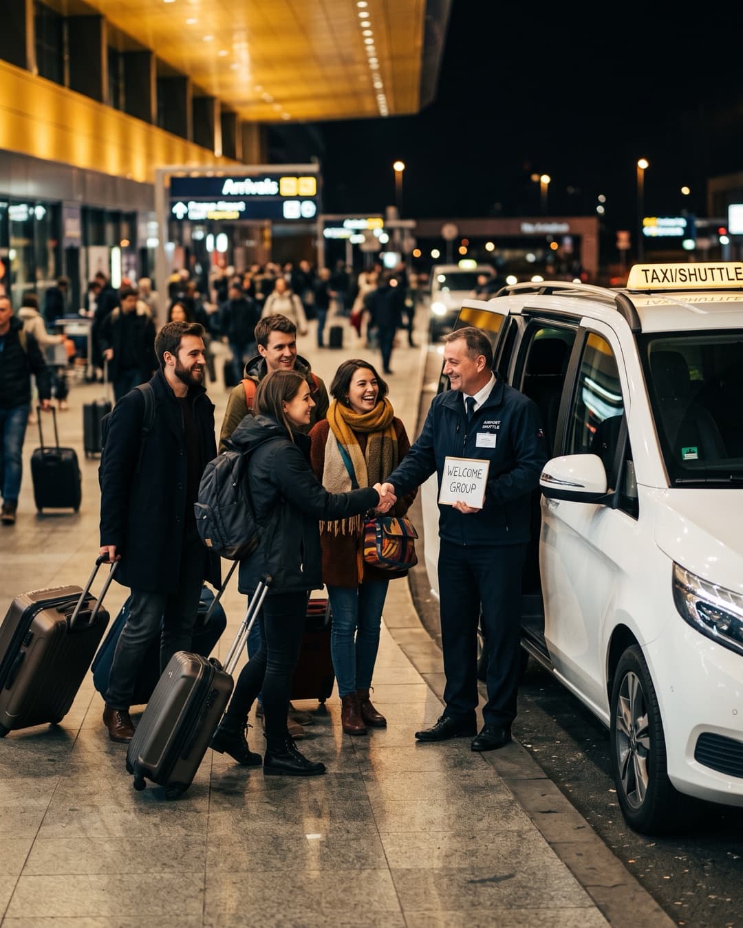 Driver greeting a group with suitcases in the Prague airport arrivals hall