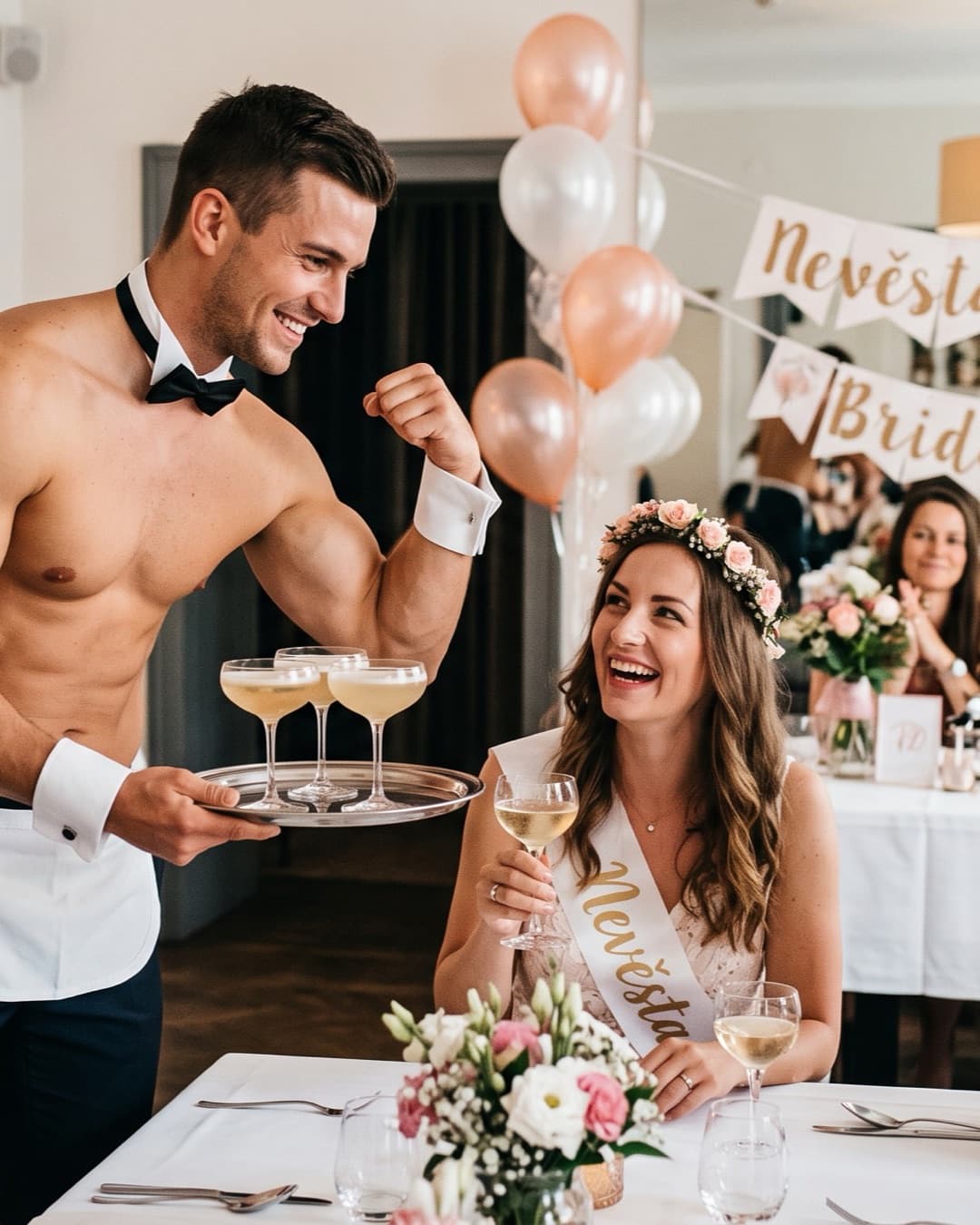 Ein Butler oben ohne mit einem Tablett voller Drinks bedient die Braut und ihre Freundinnen