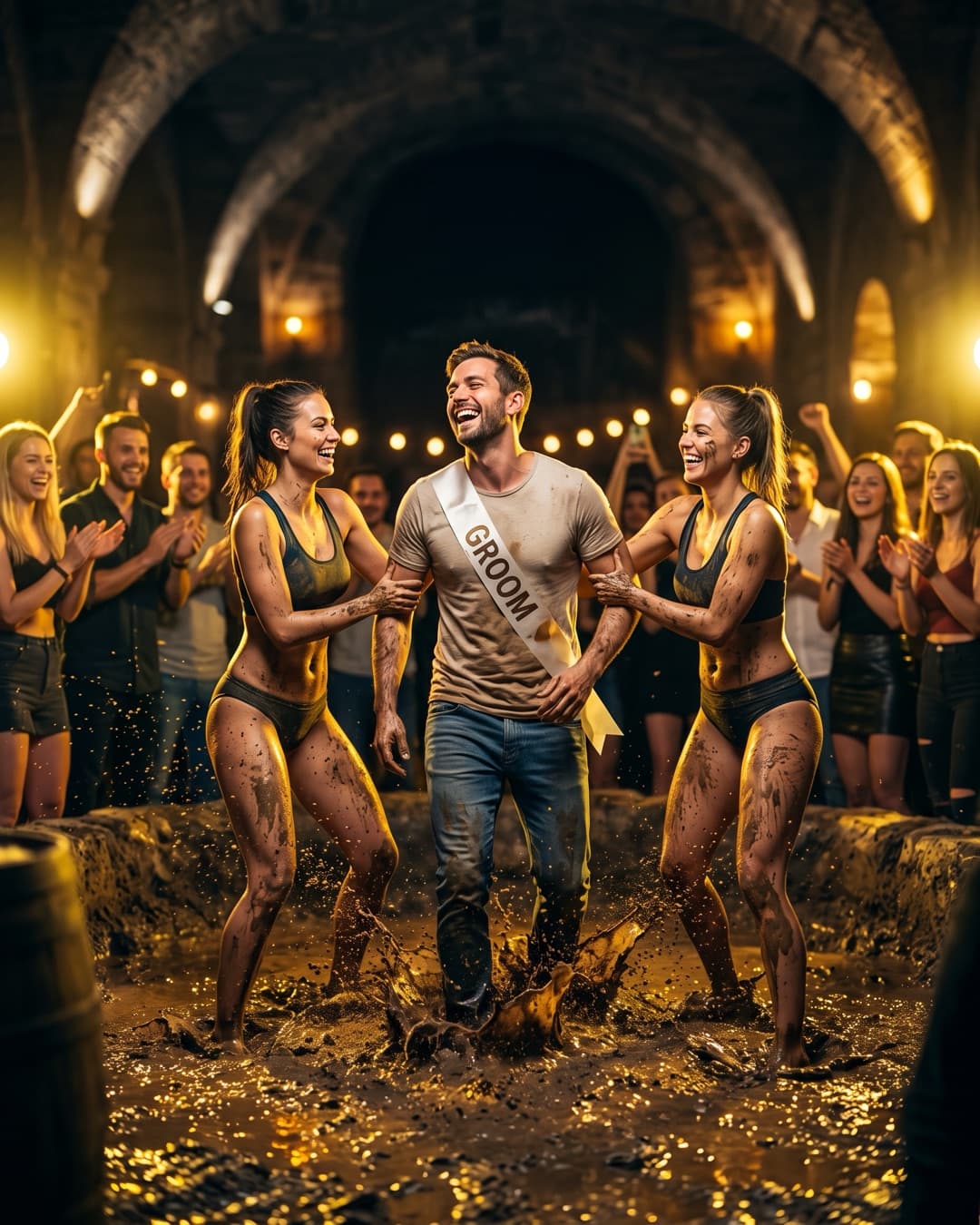 The groom in a mud pool between two strippers at Chapeau Rouge