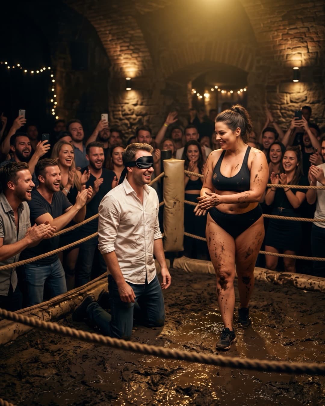 A blindfolded groom at the edge of a mud pool as an XXL performer arrives