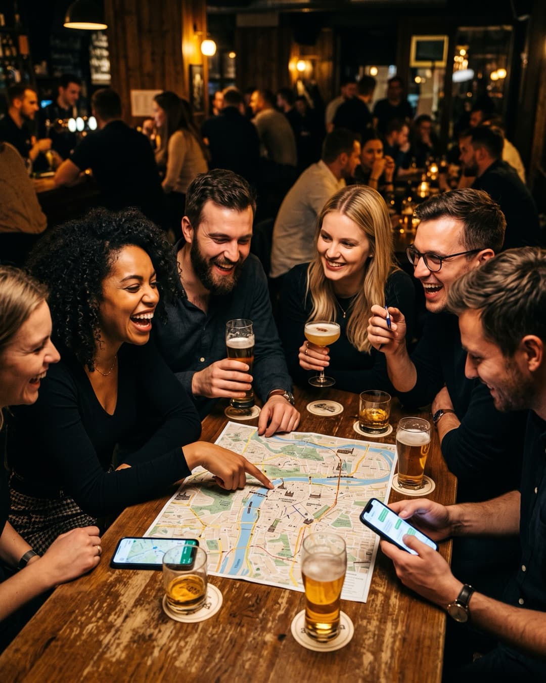A group planning their weekend programme over a map of Prague