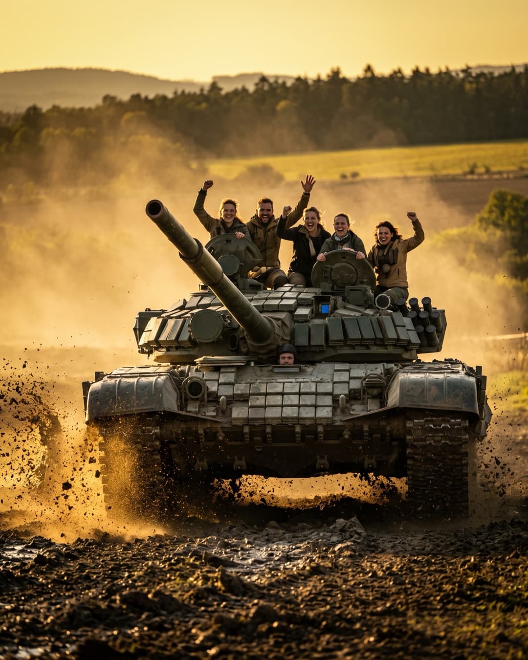Group riding a tracked tank through mud on a range outside Prague