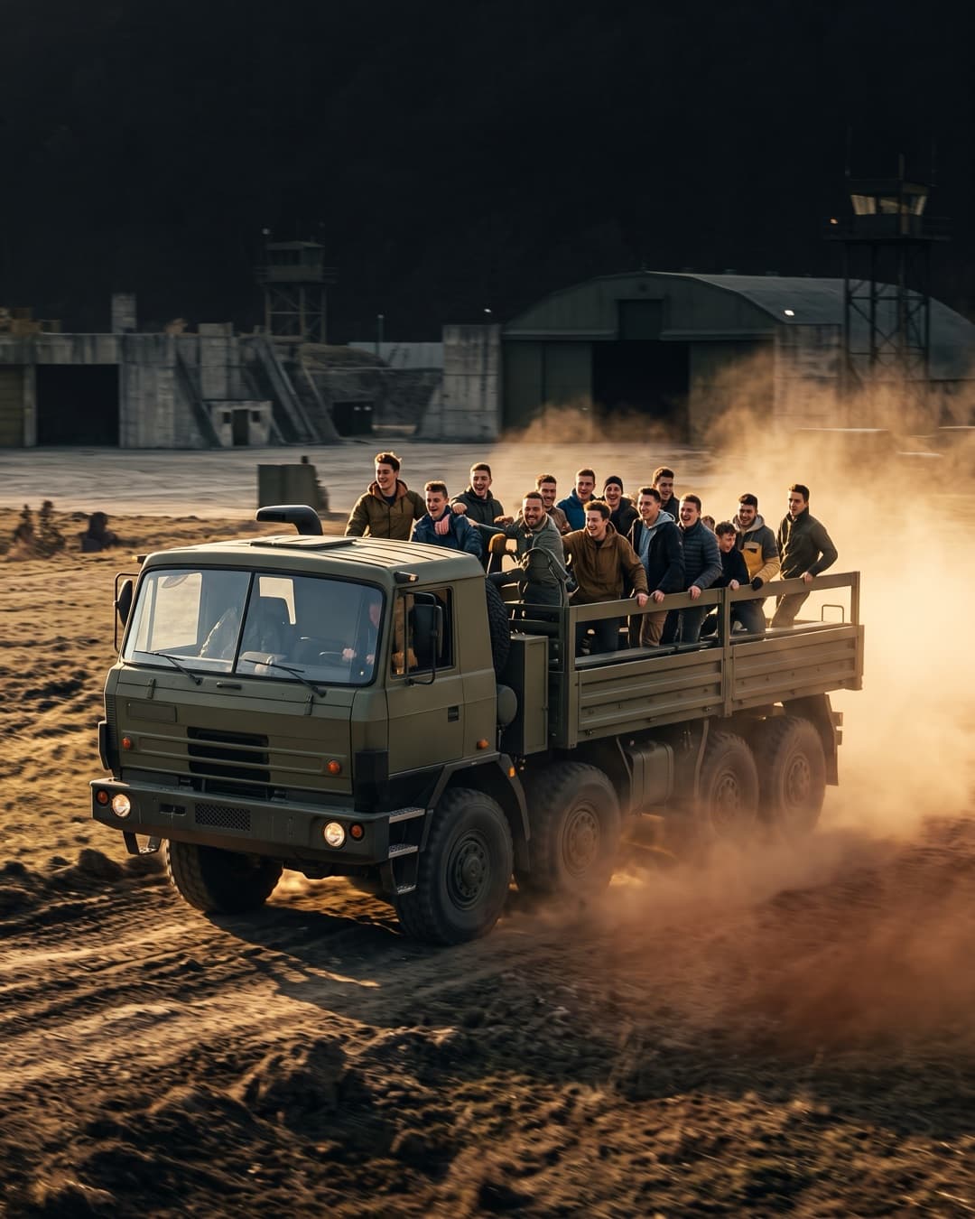 Armee-Lkw Tatra T-815 mit einer Gruppe an Bord auf einer Militärbasis