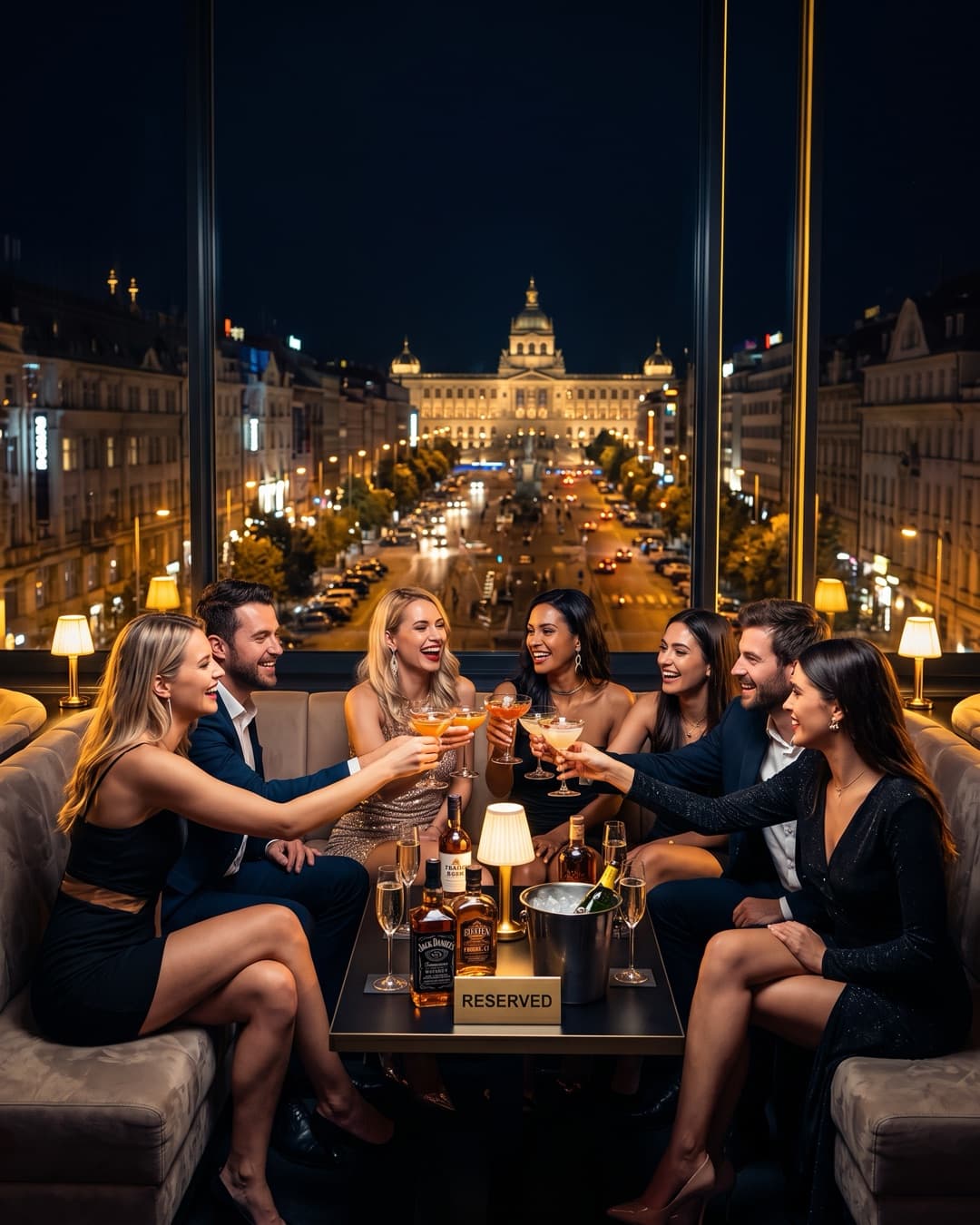 Gruppo al tavolo VIP riservato del club Duplex con piazza Venceslao illuminata oltre la vetrata