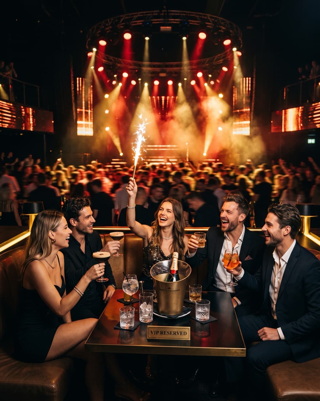 A group with cocktails at a reserved table in a Prague club