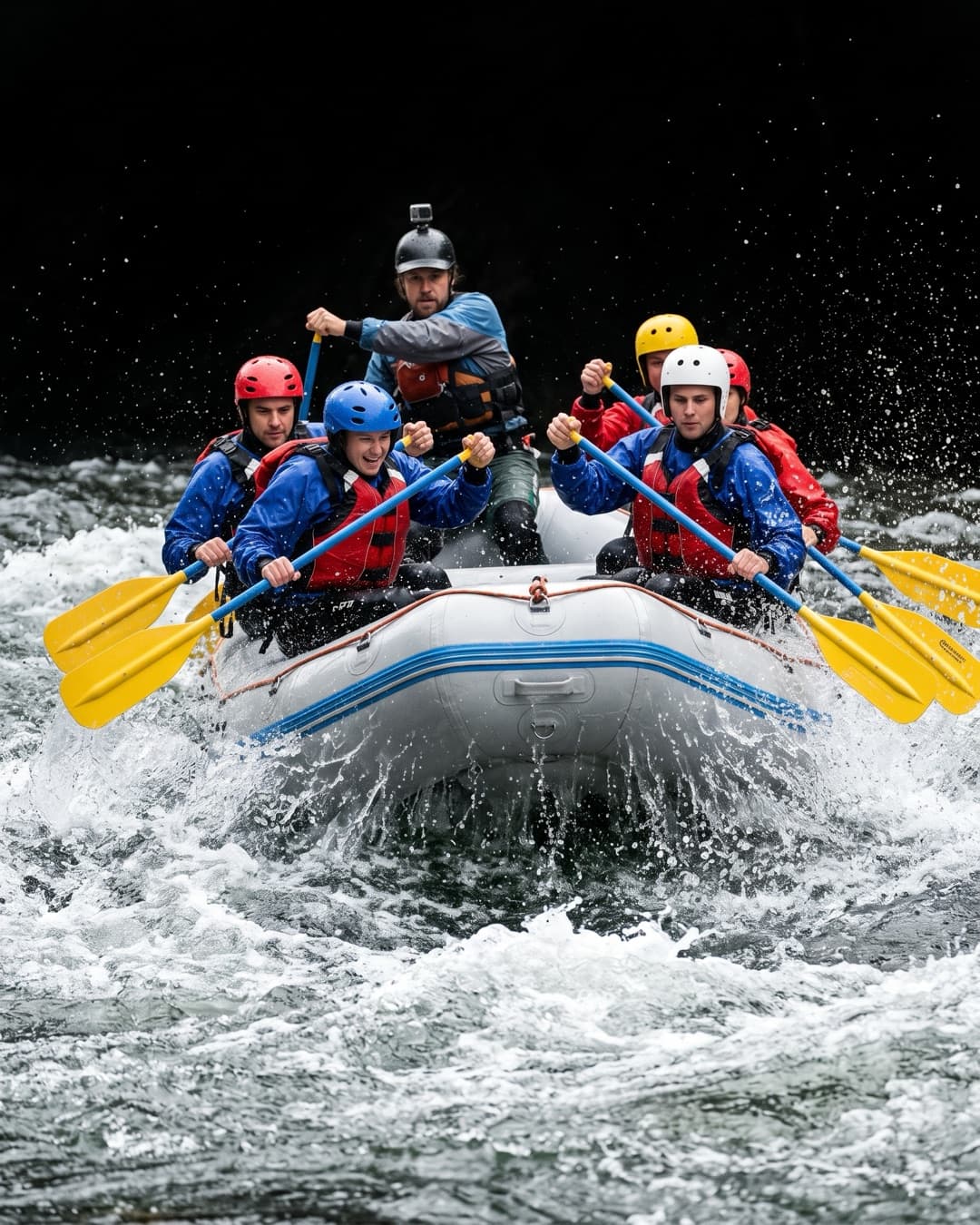 Ein Raft mit sechs Paddlern und Instruktor in den Stromschnellen von Veltrusy