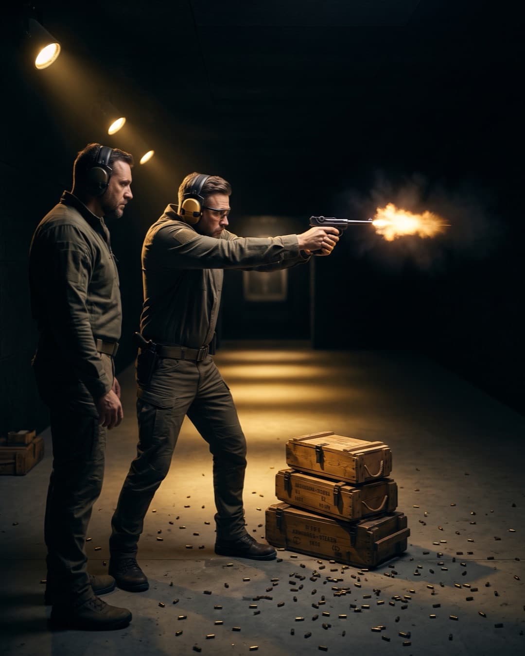 Shooter aiming a WW2-era pistol at a target on an indoor range, instructor alongside