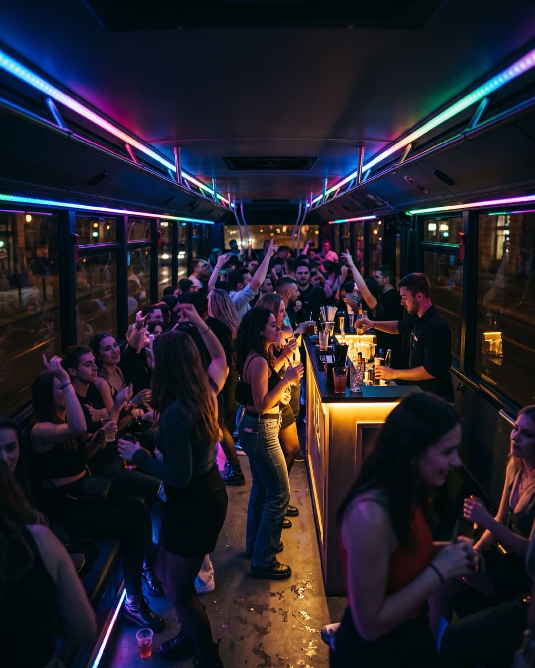 Große Gruppe tanzt im XXXL-Partybus unter bunten Lichtern neben der Bar